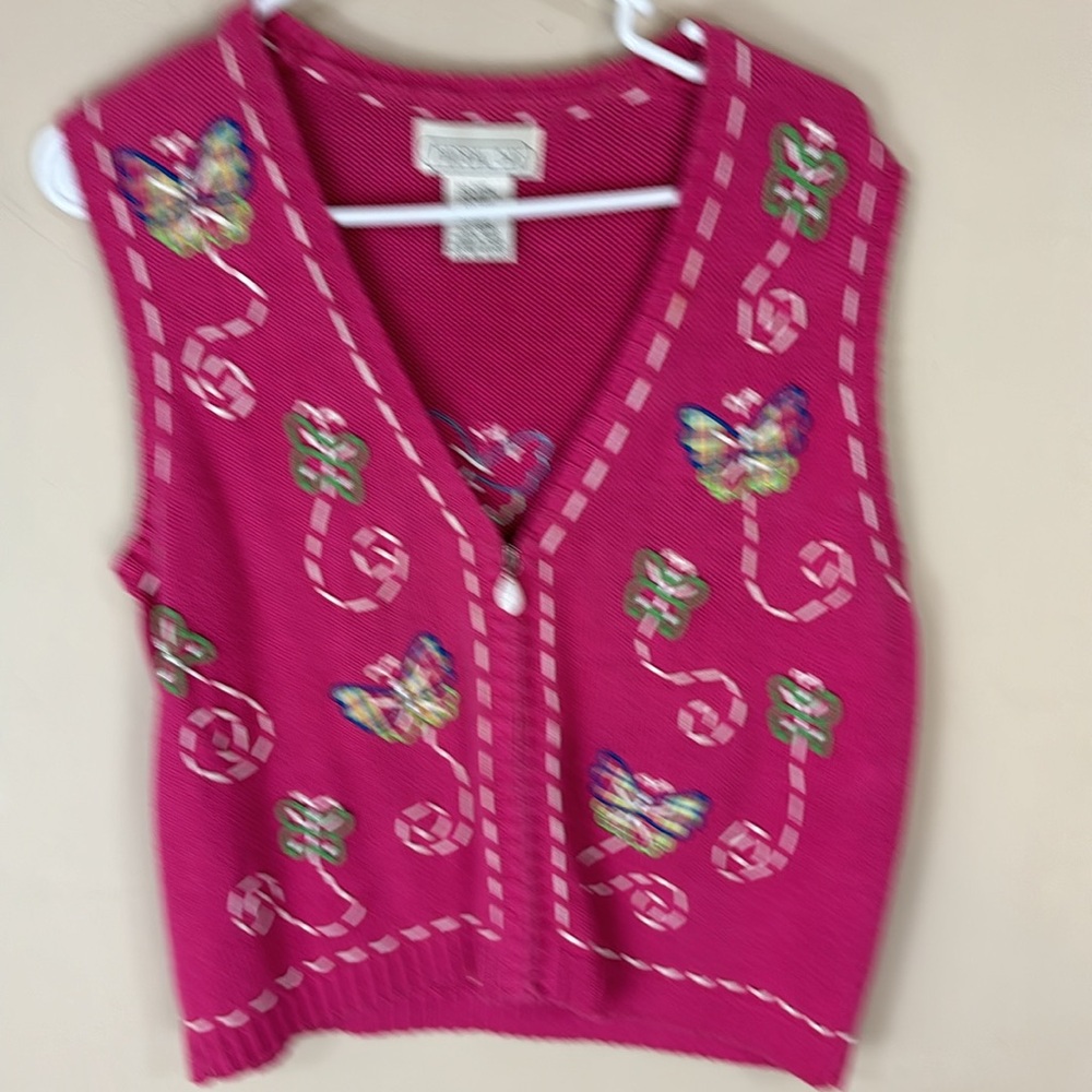 Vintage Mandal Bay Pink Butterfly Appliqué Sweater Vest Full Zip Size S